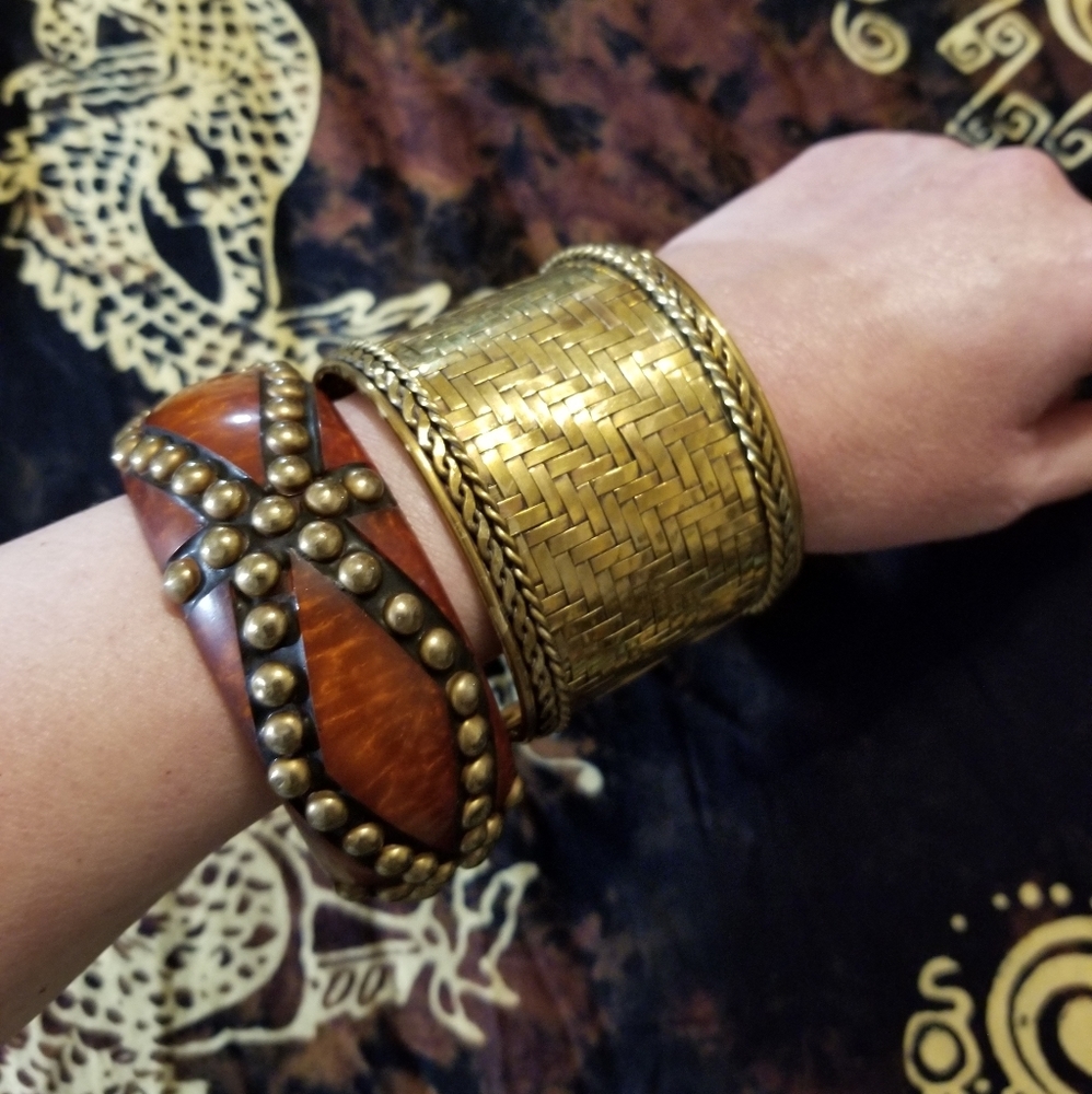 Gold tone cuff and studded bangle